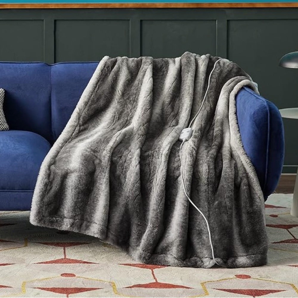 Luxurious Blue-Gray Heated Throw Blanket NWOB